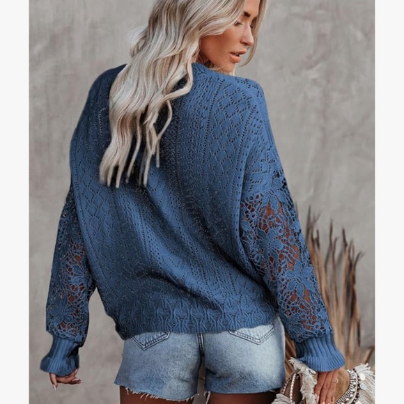 Lace Crewneck Long Sleeve Hollow Out Cable Knit Sweater Blouse - size L - Picture 4 of 7